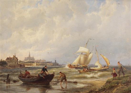 William Dommersen (1850-1927) Fisherfolk along the coast and Shipping on a calm sea, 10.5 x 14.5in.